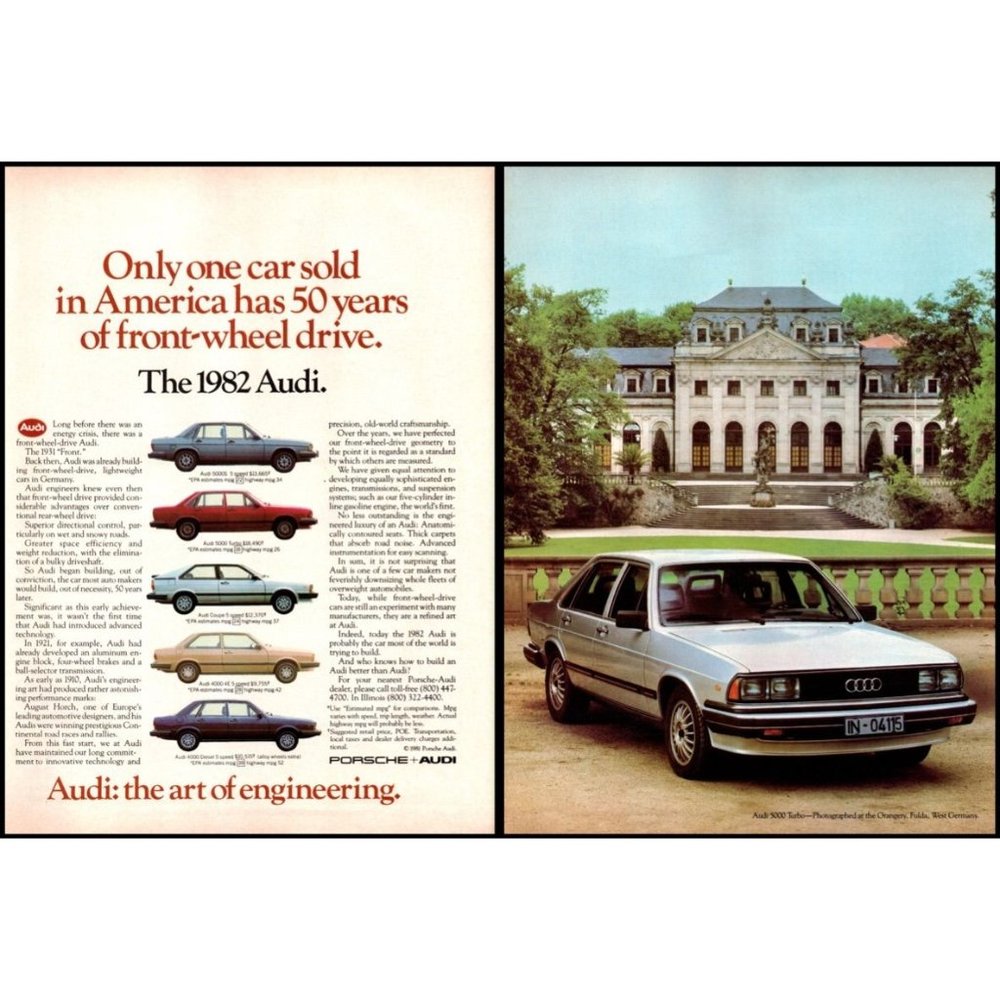 1982 Audi 5000 Turbo Sedan 2 Page Vintage Print Ad Mansion Country Estate Photo